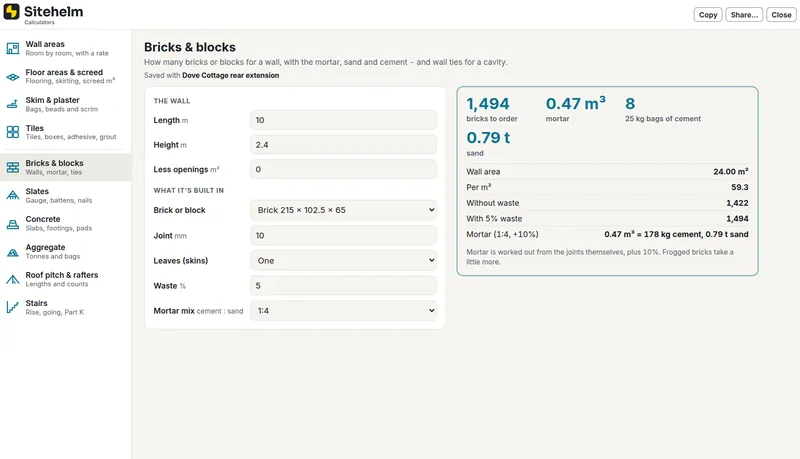 Builder's calculators, in Sitehelm PRO