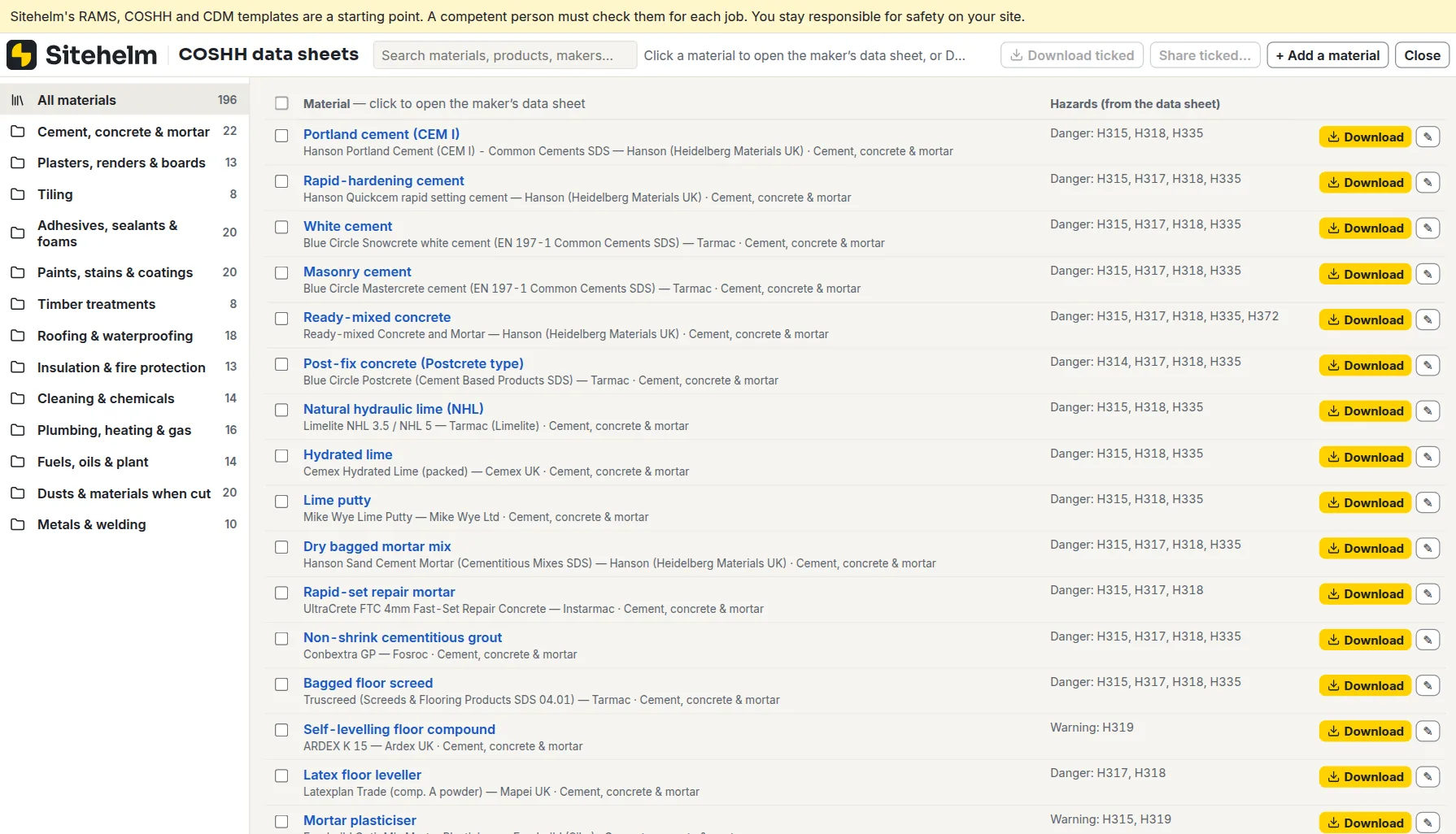 COSHH data sheets in Sitehelm, sorted into folders of building materials