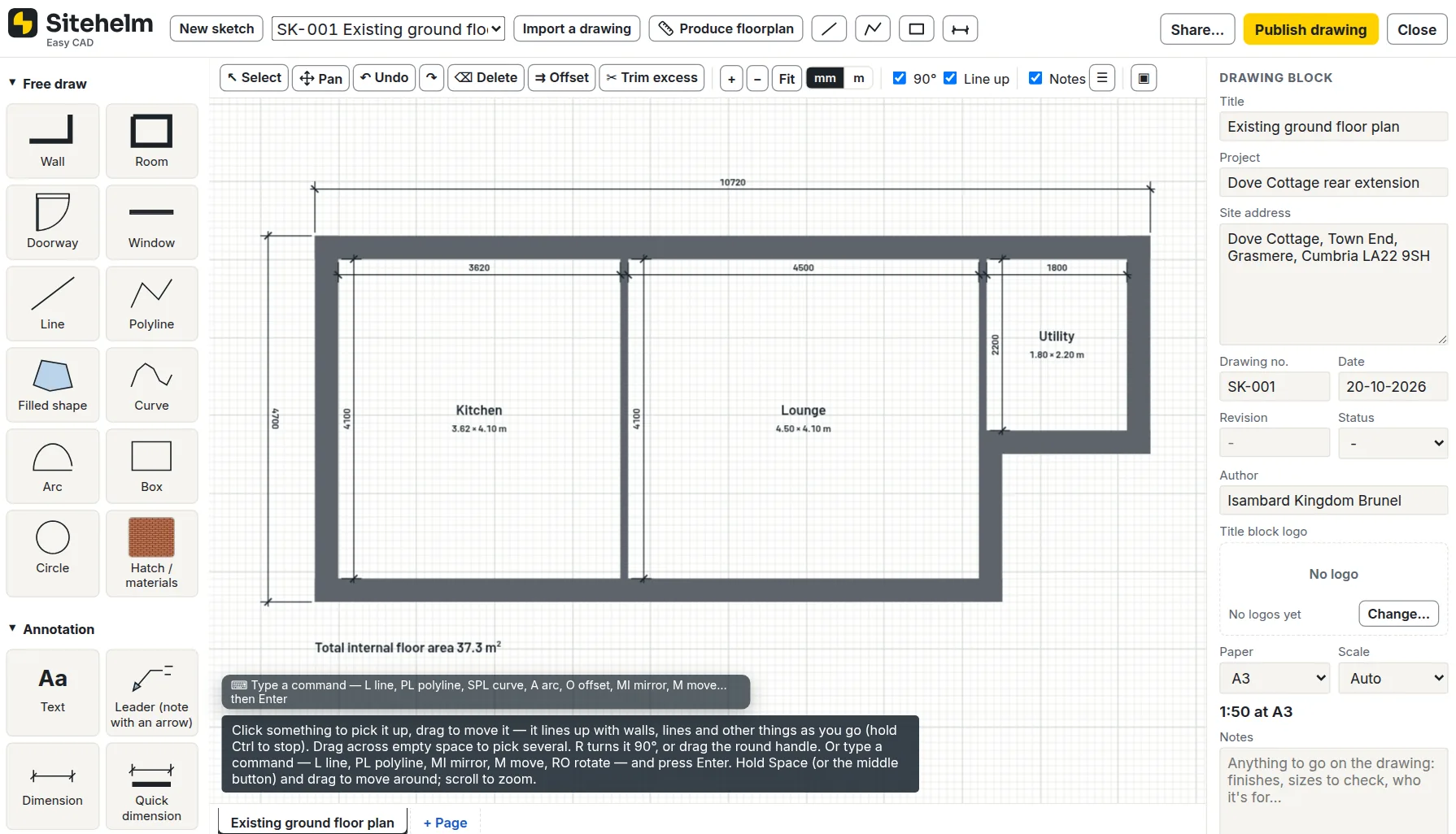Easy CAD in Sitehelm, drawing a floor plan from room sizes