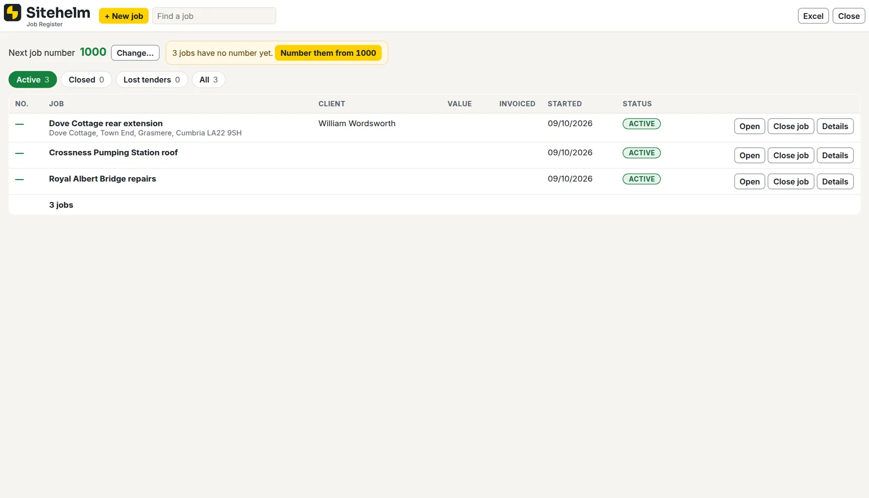 The job register in Sitehelm, with job numbers, clients, values and invoicing