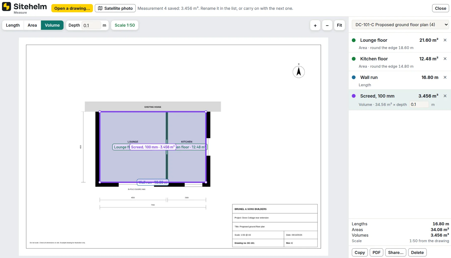 Measure from a drawing in Sitehelm: a floor plan with two floor areas, a wall run and a screed volume measured