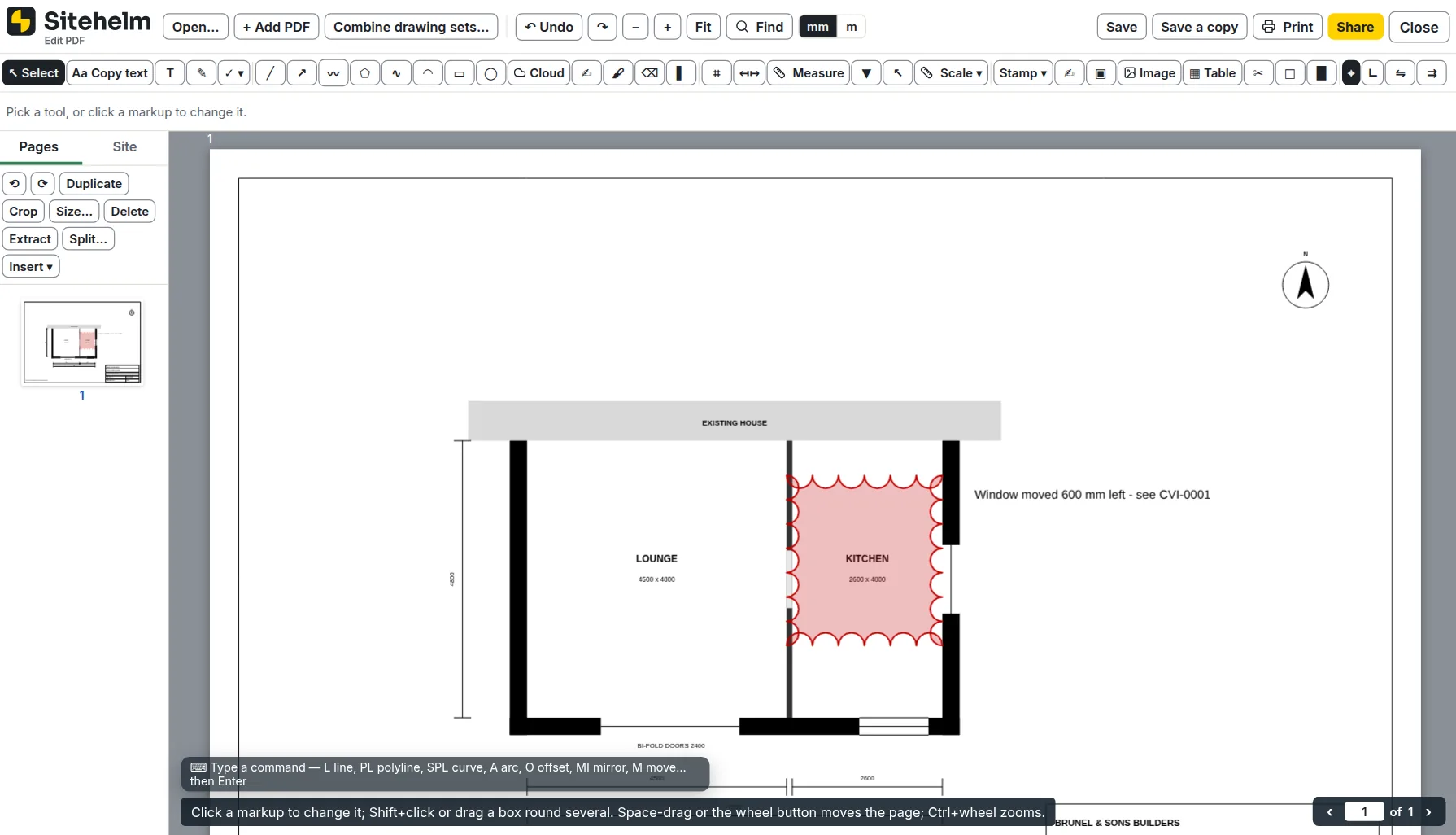 Edit PDF in Sitehelm, a drawing marked up with clouds and notes