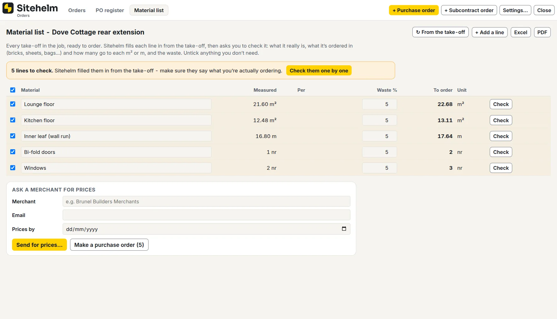 A material list from the take-off in Sitehelm, ready to send to a merchant