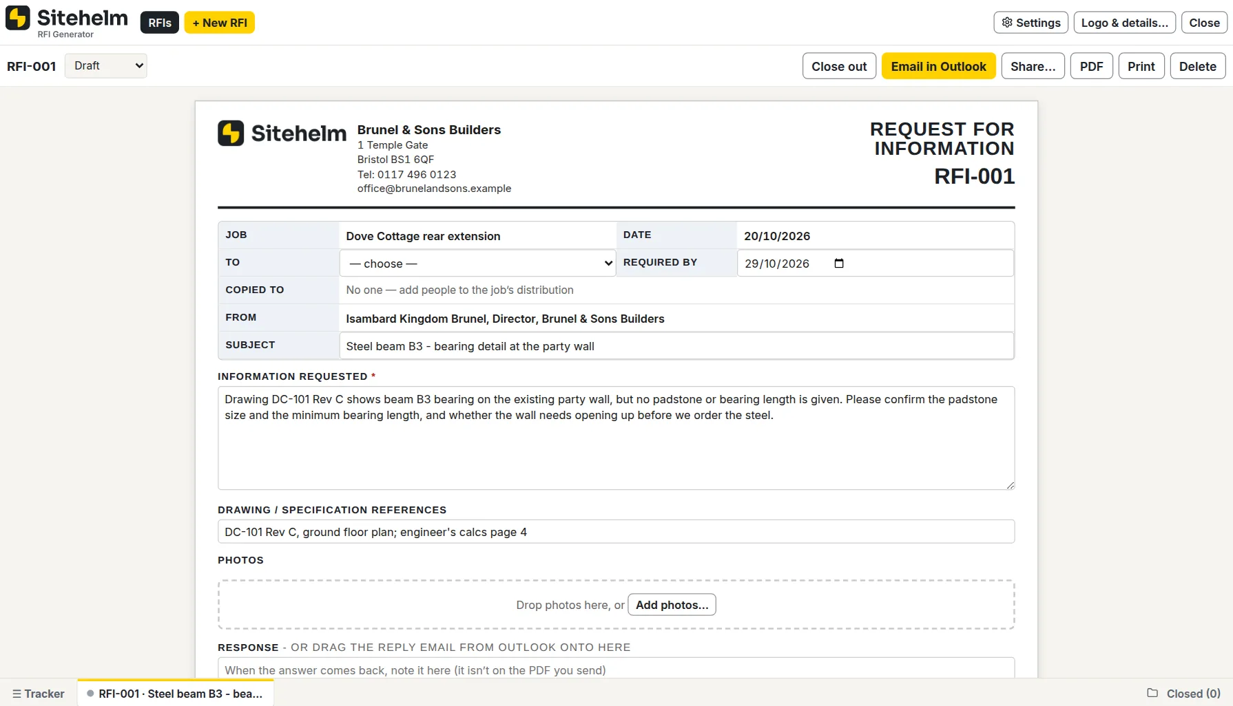 Raising an RFI in Sitehelm