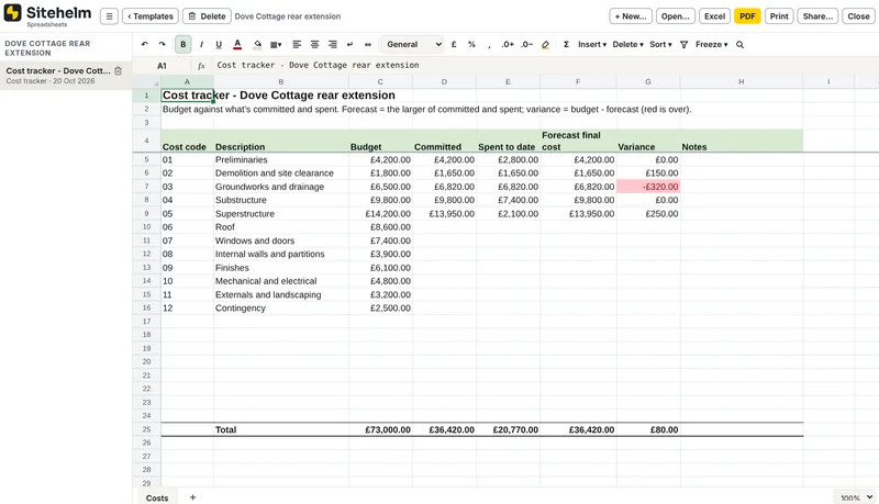 Spreadsheets with trackers ready to fill in, in Sitehelm PRO