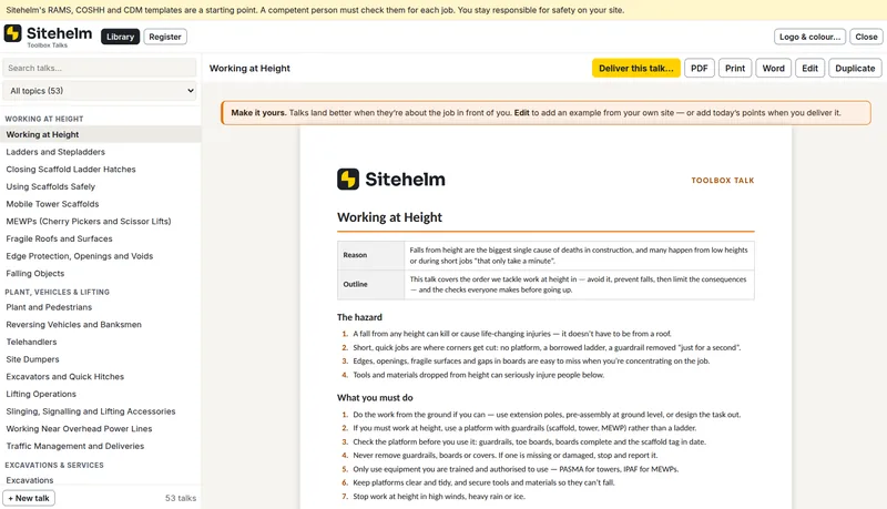 Toolbox talks, in Sitehelm PRO