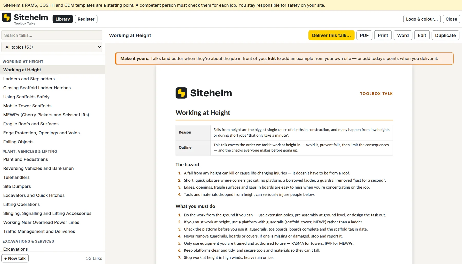The toolbox talk library in Sitehelm