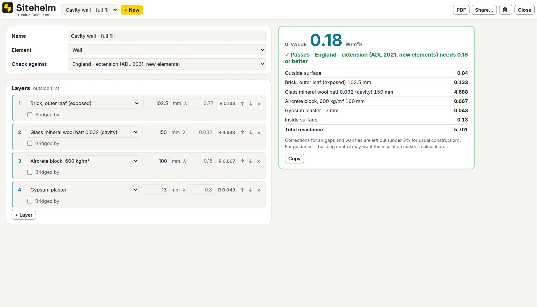 The U-value calculator in Sitehelm, a wall built up layer by layer