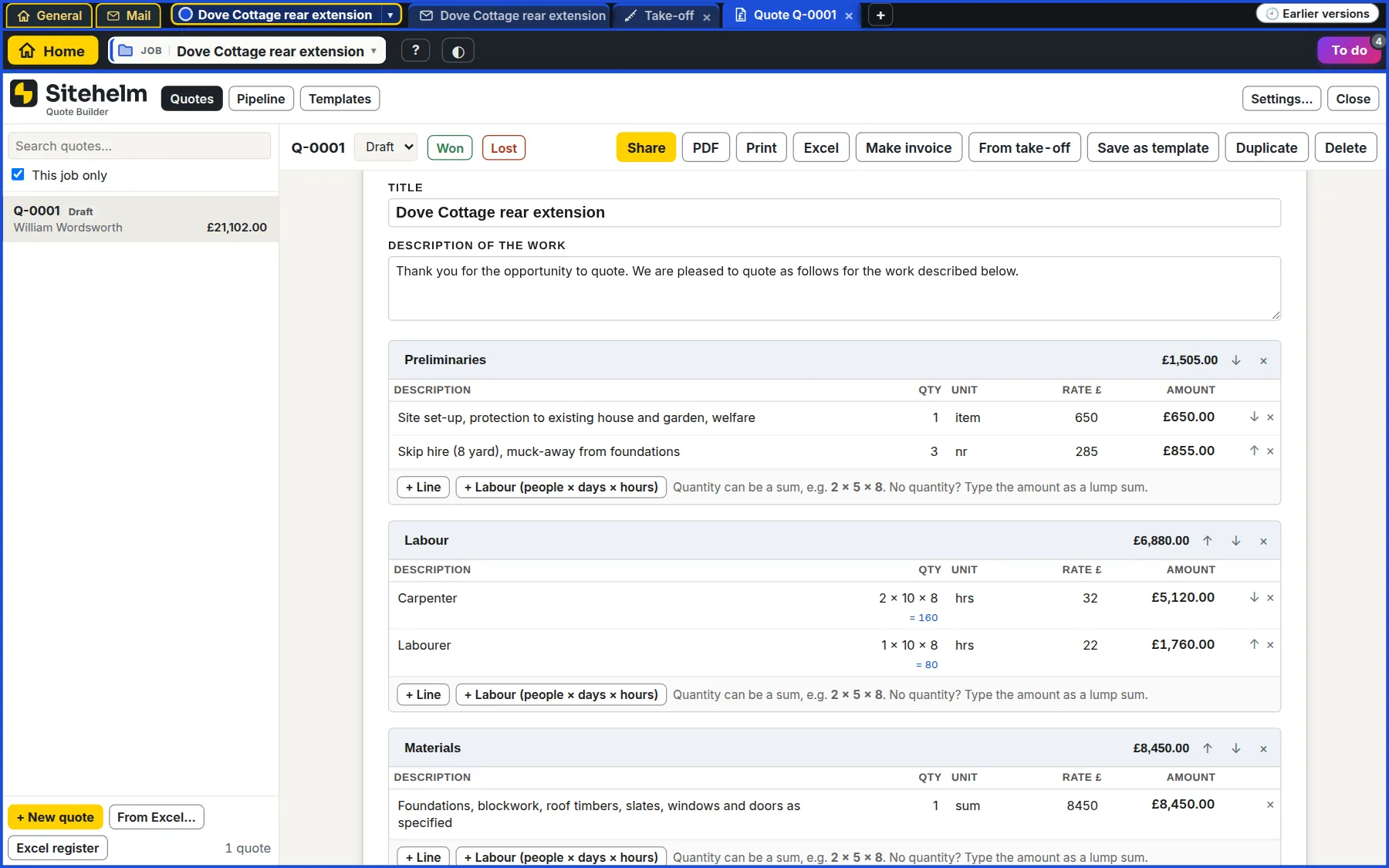 A quote in Sitehelm with lines, VAT and totals