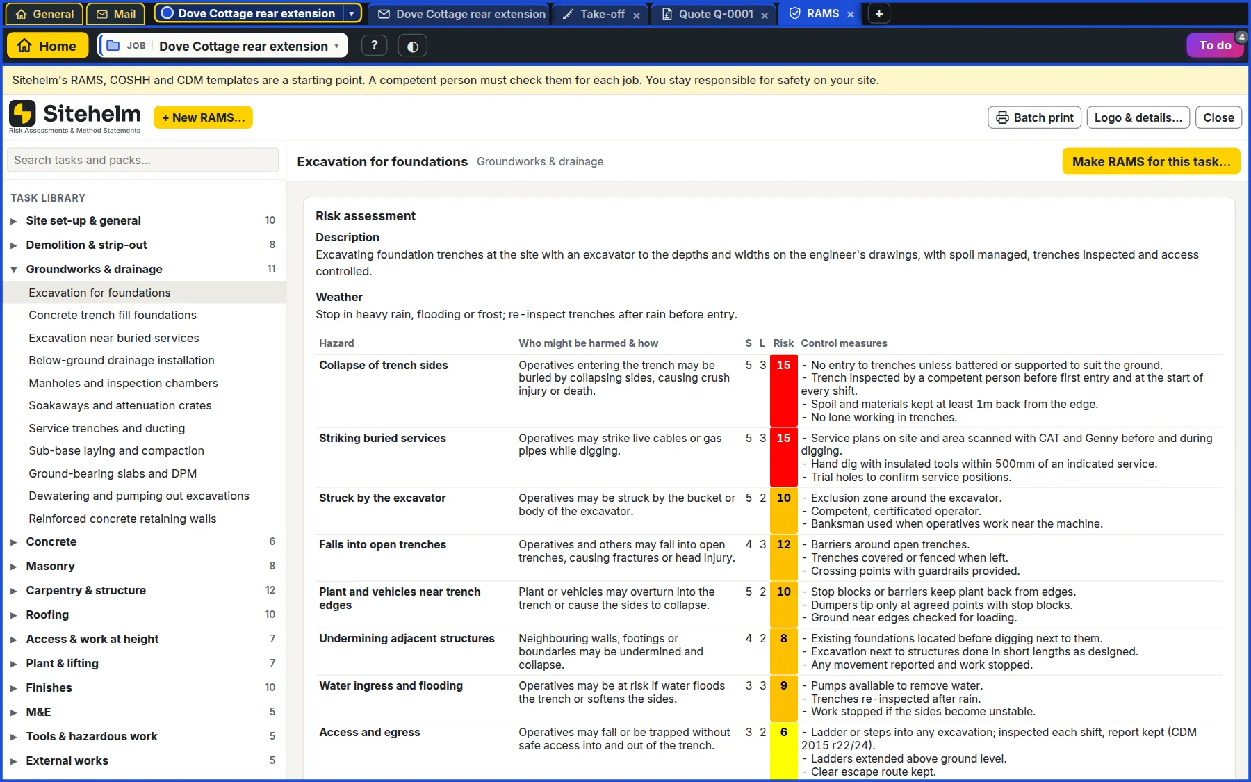 A RAMS pack in Sitehelm, with tasks and their risk assessments