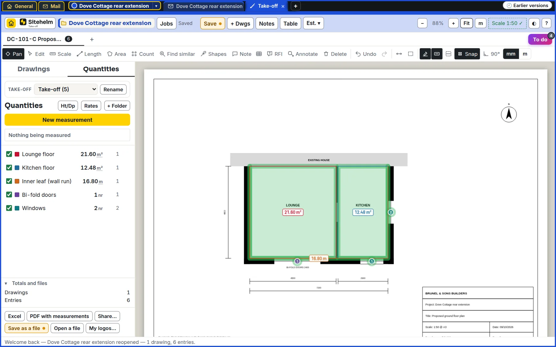 The take-off in Sitehelm with a ground floor plan measured: lounge, kitchen and wall run