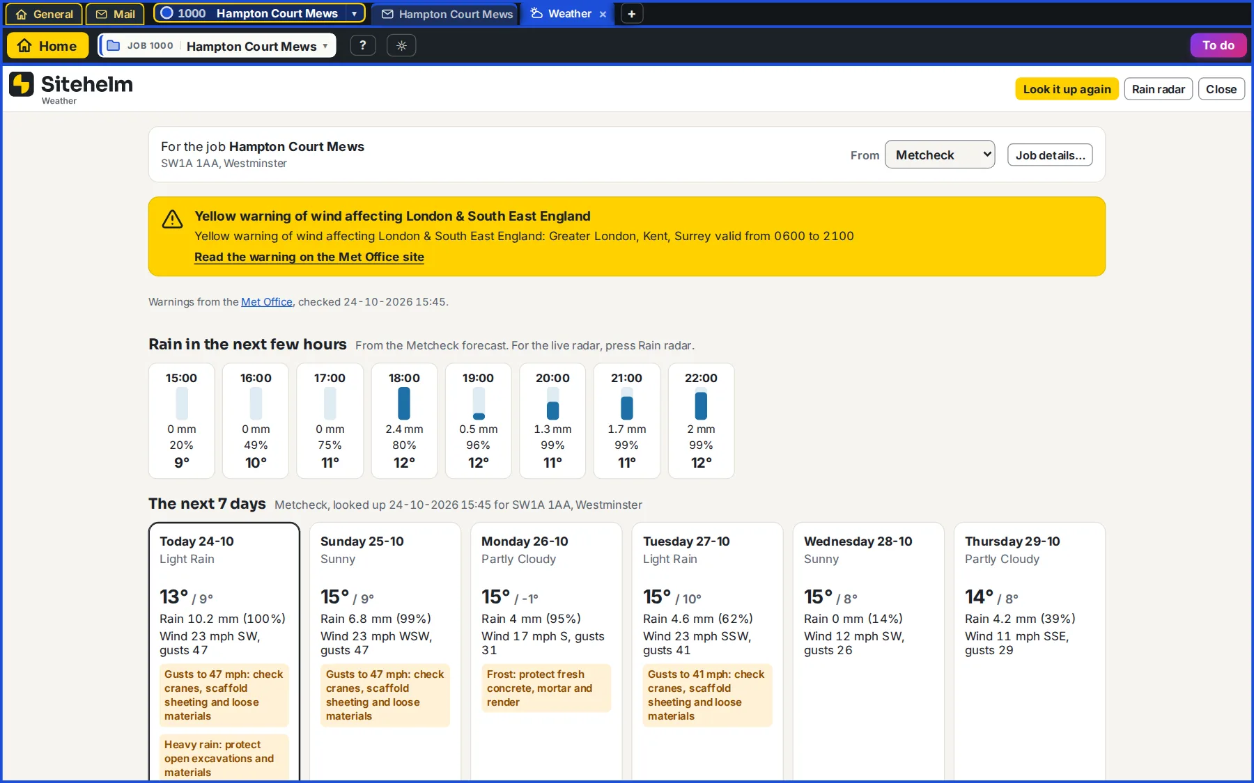 Weather in Sitehelm: a Met Office warning, rain by the hour and the next seven days